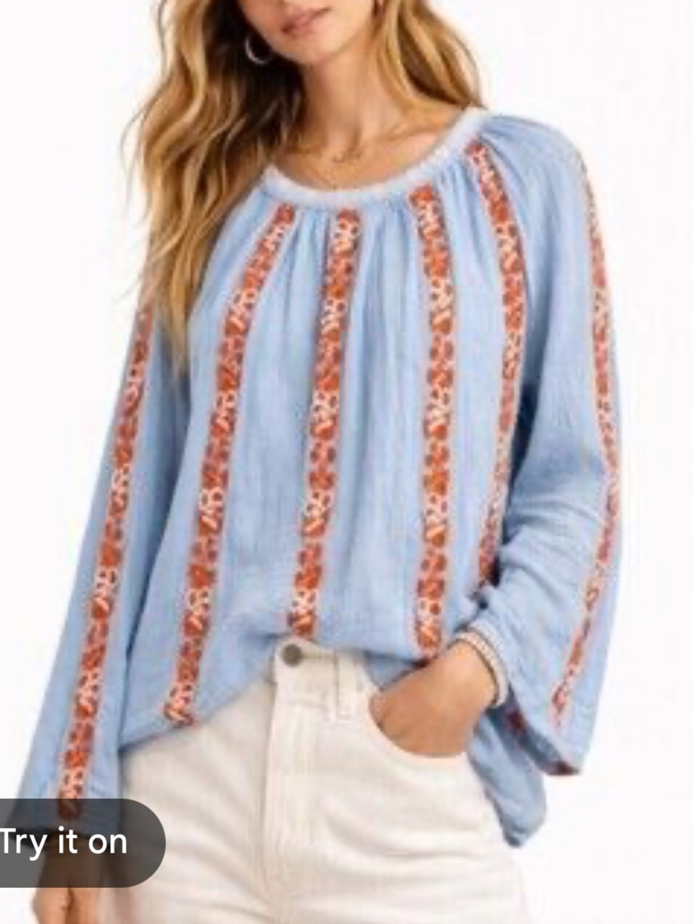 Tory Burch womans beaded Light Blue Embroidered Peasant Top size S
